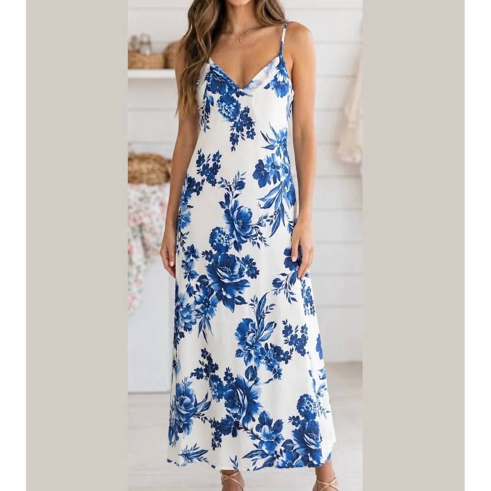 NEW MILIO MILANO floral print v-neck linen dress in blue/white